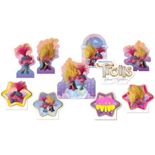 Colorful Trolls 3 table decorations kit featuring favorite characters, perfect for themed parties and celebrations.
