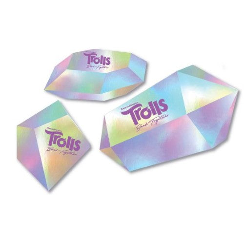 Colorful Trolls 3D decorating kit including three diamond-shaped decorations for festive celebrations.