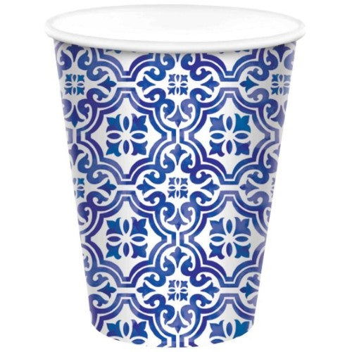 Elegant Mediterranean design paper cups, 266ml, eco-friendly, pack of 8, perfect for any occasion.