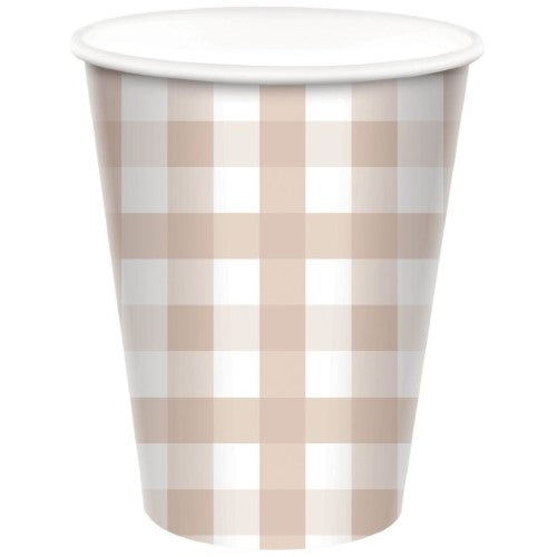 Set of 8 eco-friendly 266ml Gingham paper cups in White Sand, perfect for stylish events and gatherings.