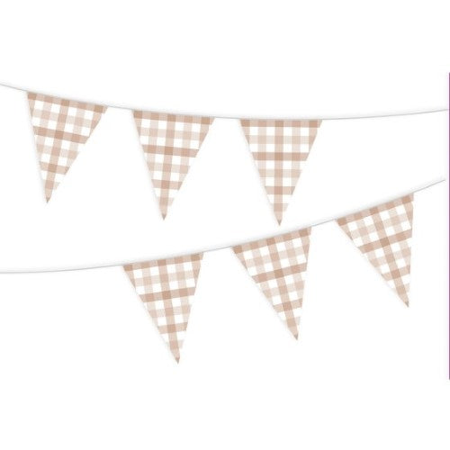 Gingham Paper Bunting in White Sand, 3.9m long with 13 elegant pennants, perfect for any celebration.