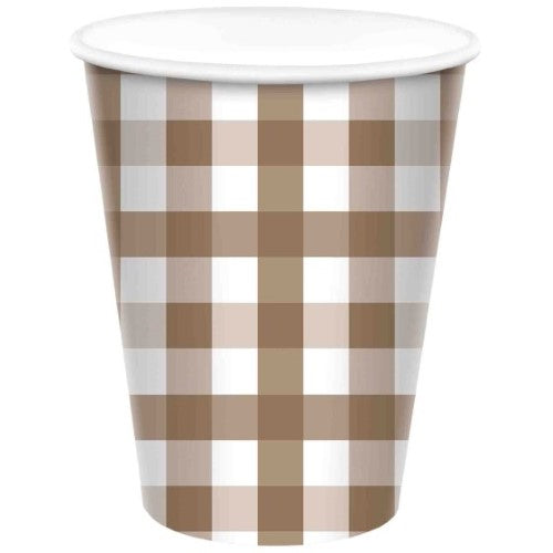 Pack of 8 Teddy Brown gingham paper cups, 266ml, eco-friendly design perfect for events, picnics, and everyday use.