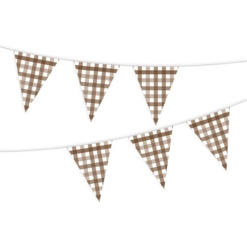 Teddy brown gingham paper bunting with 13 pennants, 3.9m long, perfect for eco-friendly celebrations and decorations.