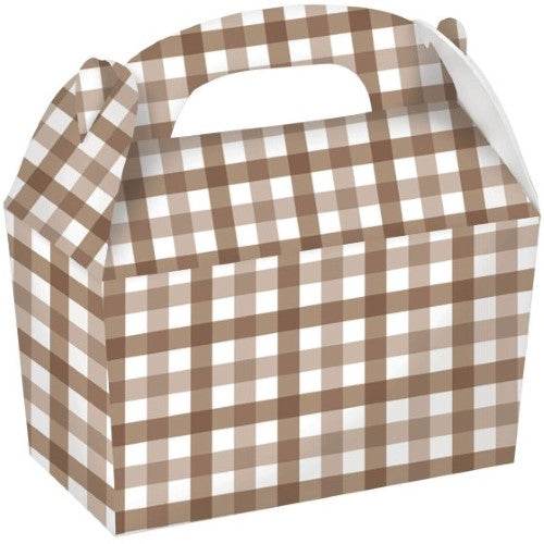 Gingham paper treat box in Teddy Brown, pack of 4, eco-friendly, 15cm x 17.5cm x 10cm, stylish for gifts and treats.