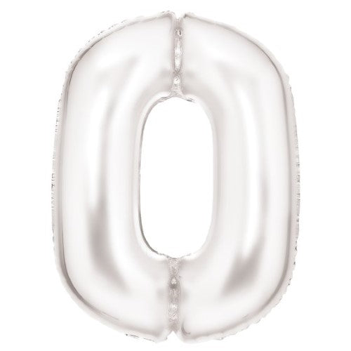 Large Number 0 Silk Lustre White Foil Balloon, 64cm w x 90cm h, perfect for celebrations and elegant decor.