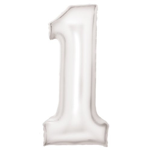 Large white foil balloon in the shape of the number 1, measuring 37cm wide and 82cm high, perfect for celebrations.
