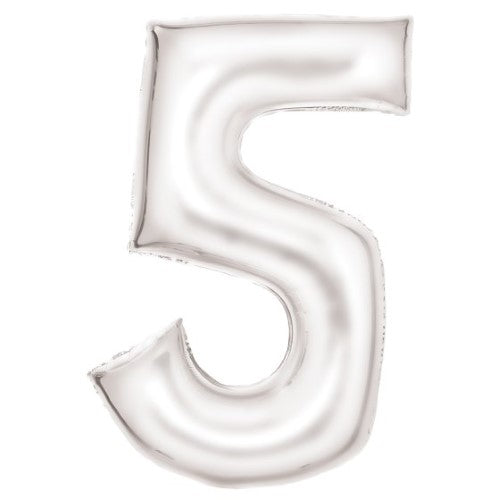 Large white foil balloon in the shape of number 5, 56cm wide and 89cm high, perfect for celebrations.