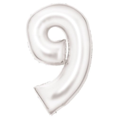 Large white foil balloon shaped as number 9, measuring 57cm wide by 91cm high, perfect for celebrations and events.