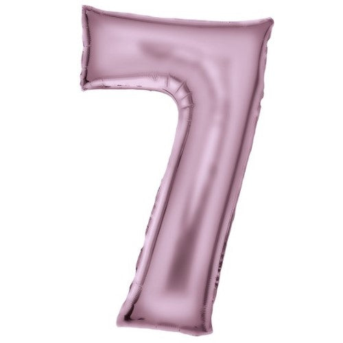 Large pastel pink foil balloon in the shape of the number 7, 53cm wide by 89cm high, ideal for celebrations.