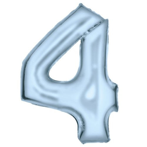 Pastel blue Large Number 4 foil balloon, 66cm wide and 93cm high, perfect for elegant celebrations and decorations.