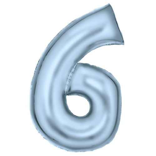 Large pastel blue foil balloon in the shape of number 6, 56cm wide by 92cm high, ideal for celebrations.