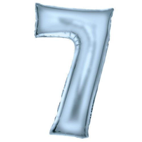 Large pastel blue foil balloon shaped like the number 7, 53cm wide and 89cm high, perfect for celebrations.