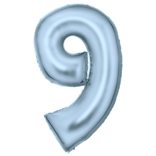 Large pastel blue foil number 9 balloon, 57cm wide by 91cm high, perfect for celebrations and milestone events.