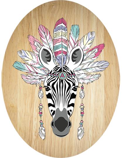 Tribal Zebra Plywood Oval Wall Art featuring a vibrant zebra design, eco-friendly and ready to hang for stylish home decor.