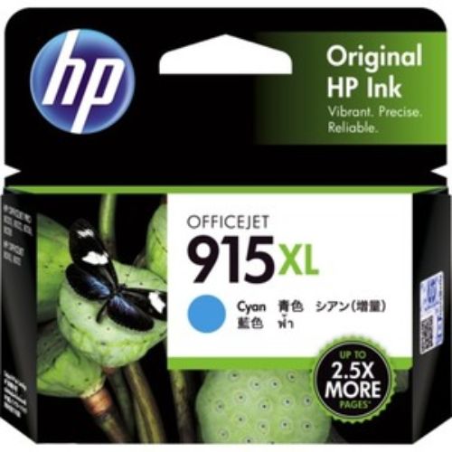 HP 915XL High Yield Cyan Ink Cartridge for inkjet printers, yields 825 pages with vibrant colors and crisp text.