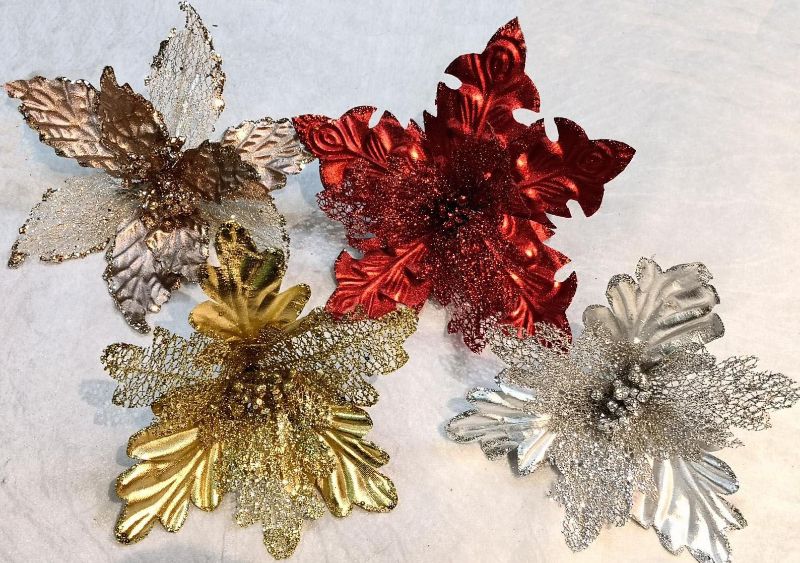 Artificial Poinsettia Flower - Metal & Mesh (Gold) 25cm