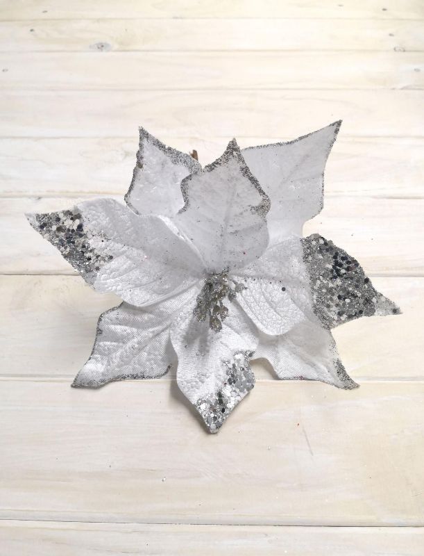 Artificial Poinsettia w/Sequins - Glittered (Silver)