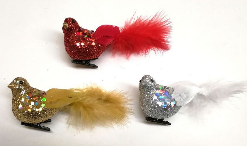 Ornament - Glitter Bird w/ Fluffy Tail (Set of 12 Asst)