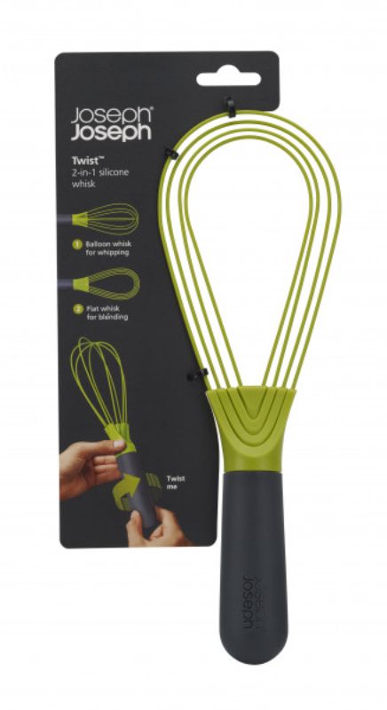 Joseph Joseph Twist Whisk in Grey/Green, versatile design with flat and balloon whisk features for efficient cooking and baking.
