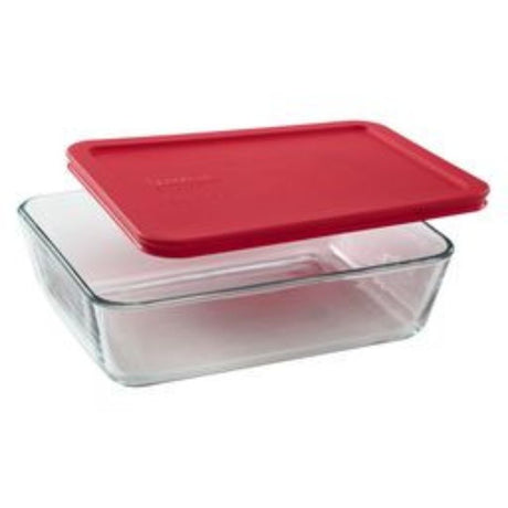 Pyrex Simply Store™ 6 Cup Rectangle Container with red lid, ideal for food storage and microwave-safe, made from durable glass.