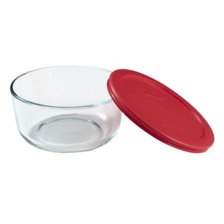 Pyrex Simply Store™ 4 Cup Round Container with Red Lid for versatile food storage and freshness, microwave and dishwasher safe.