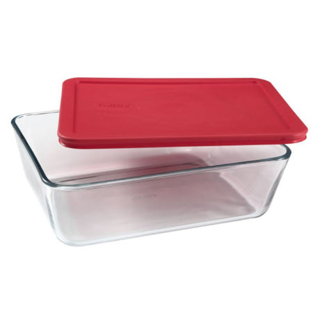 Clear glass 11 cup Pyrex container with red lid, perfect for food storage, microwave safe, and stackable design.