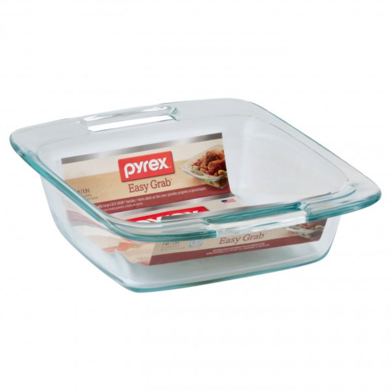 Set of 4 Pyrex Easy Grab® 20cm square baking dishes with ergonomic handles, oven-safe, and durable glass design.
