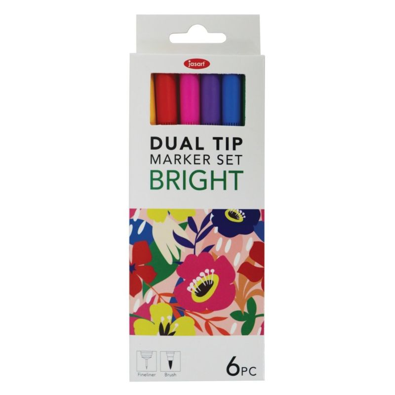 JASART DUAL NIB BRUSH FINELINER - SET OF 6 - BRIGHT