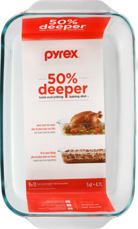 Set of 4 Pyrex deep glass baking dishes, each 4.7L, ideal for lasagnas and casseroles. Oven, microwave, dishwasher safe.