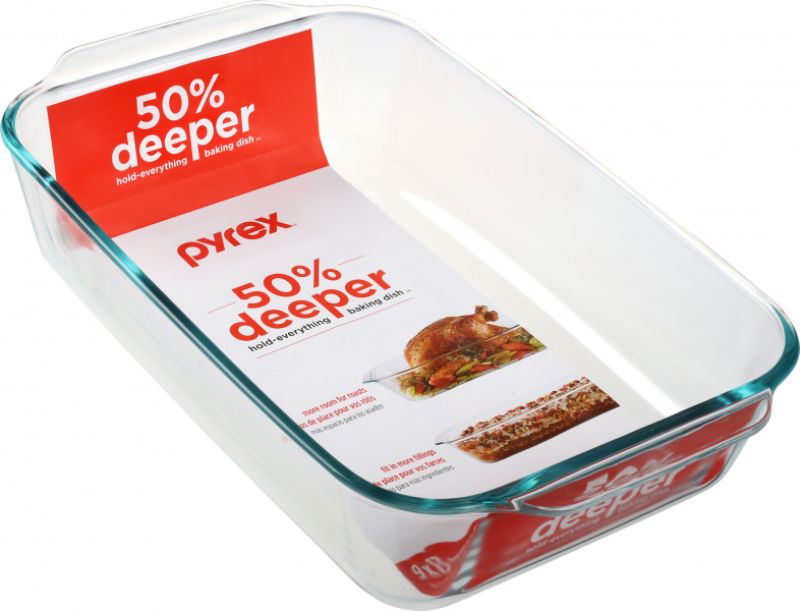 Set of 4 Pyrex deep glass baking dishes, each 4.7L, perfect for lasagna, casseroles, and easy clean-up.