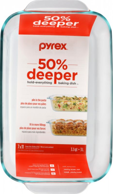 Set of 4 Pyrex deep glass baking dishes, 3L each, ideal for casseroles and desserts, oven safe and stain resistant.