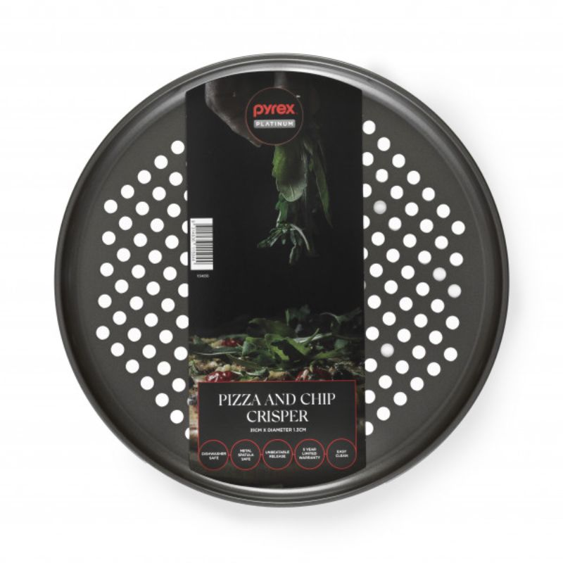 Pyrex Platinum™ Pizza/Chip Crisper with non-stick coating for crispy pizzas and chips, 36cm round shape for even cooking.
