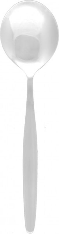 Set of 12 elegant 18/0 stainless steel soup spoons with satin finish, perfect for casual and upscale dining.