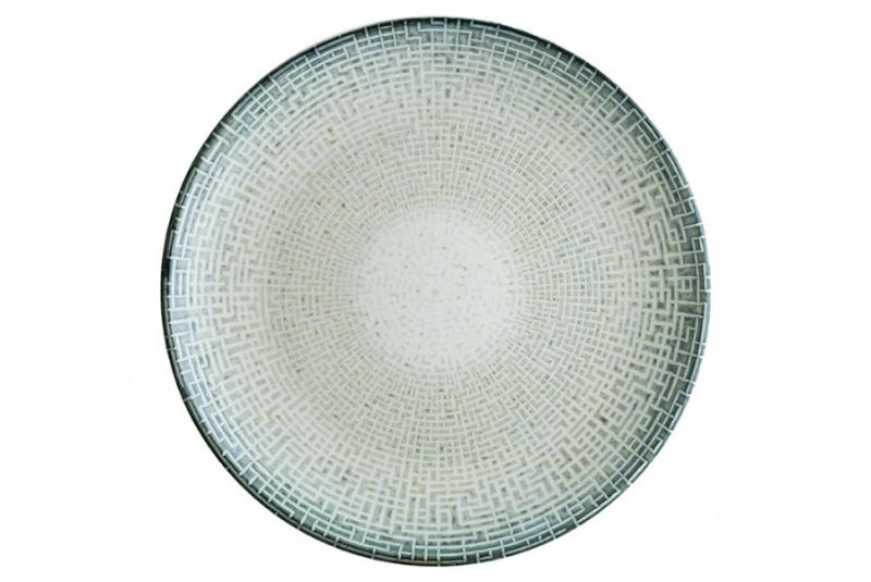 Set of 4 Bonna Maze Coupe Plates with geometric design, durable porcelain, microwave and dishwasher safe, 21cm diameter.