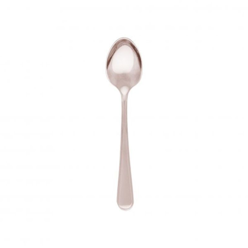 Set of 12 sleek stainless steel Melrose coffee spoons with mirror polish, designed for stirring beverages and desserts.