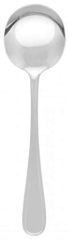 Elegant Tablekraft Melrose soup spoons in stainless steel, perfect for soups and desserts, dishwasher safe, 12 pack.