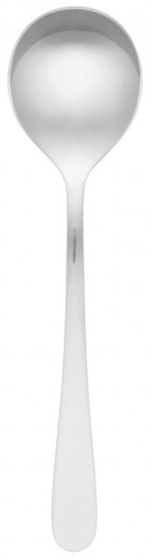 Set of 12 elegant Luxor soup spoons in mirror-finish stainless steel for stylish dining and durable use.