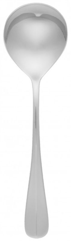 Set of 12 elegant stainless steel soup spoons with deep bowls and mirror finish, perfect for dining occasions.