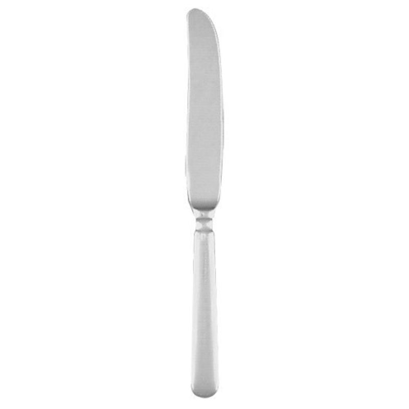Set of 12 elegant stainless steel dessert knives with a mirror polish and contoured handles for serving desserts.