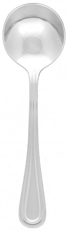 Set of 12 elegant stainless steel soup spoons with mirror finish and classic French design for stylish dining.