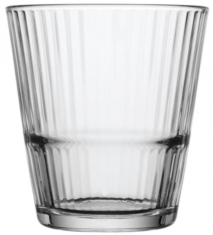 Set of 12 Pasabahce Grande-Sunray 390 ml tumblers with elegant ridged design for cocktails and smoothies.