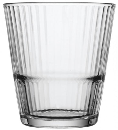 Set of 12 Pasabahce Grande-Sunray 390 ml tumblers with elegant ridged design for cocktails and smoothies.
