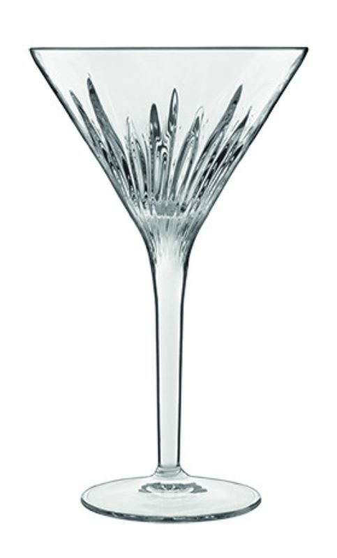 Set of 4 elegant Luigi Bormioli 215ml Mixology martini glasses, crafted from lead-free crystal with vintage embossed patterns.