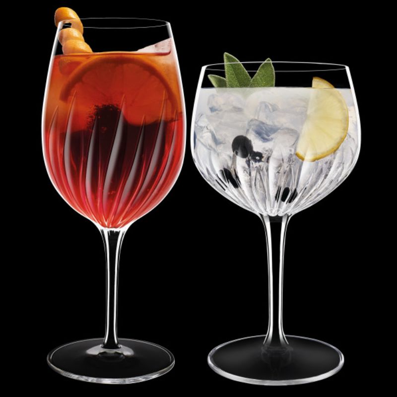 Set of 4 Luigi Bormioli Mixology Gin Goblets, crafted from lead-free crystal with embossed design for elegant cocktail enjoyment.