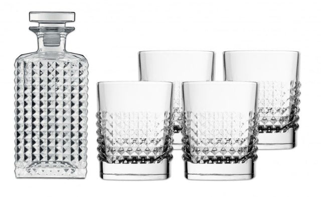 Elegant 5-piece whiskey set featuring 4 tumblers and a 750ml decanter, crafted in lead-free SON.hyx glass.