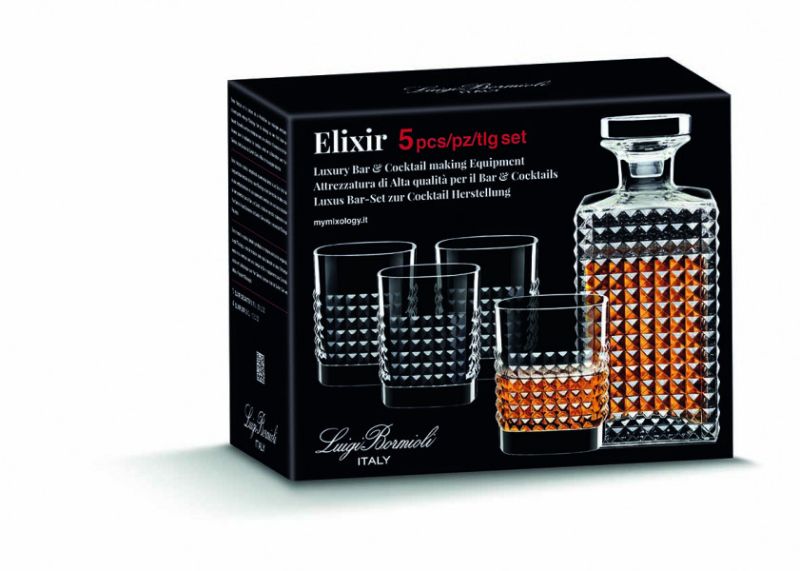 Elegant 5-piece Luigi Bormioli Elixir whiskey set with tumblers and decanter, crafted from ultra-clear, lead-free glass.