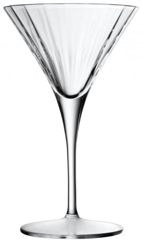 Set of 4 Luigi Bormioli Bach Martini glasses, featuring a faceted design and made from durable lead-free crystal.