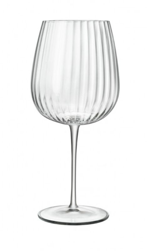 Set of 4 Luigi Bormioli Optica gin glasses featuring ribbed design, break-resistant glass, and vintage-modern elegance.