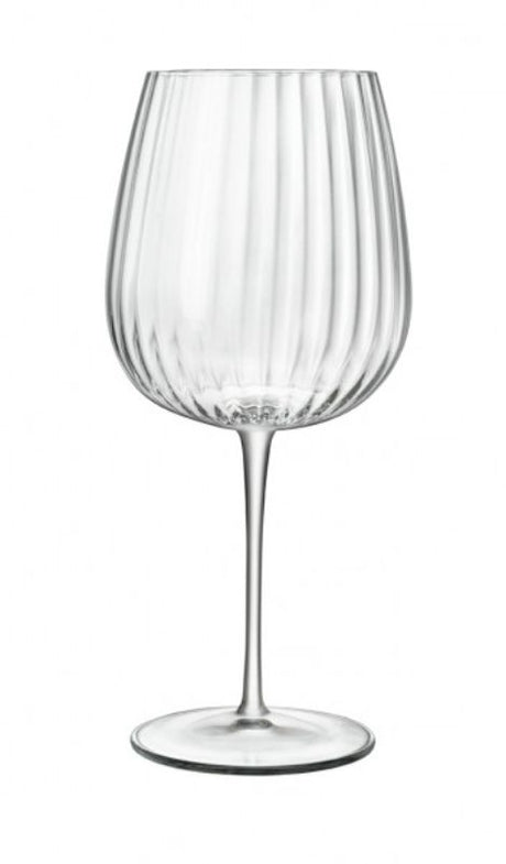 Set of 4 Luigi Bormioli Optica gin glasses featuring ribbed design, break-resistant glass, and vintage-modern elegance.