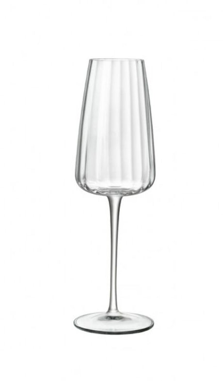 Set of 4 Luigi Bormioli Optica 210ml flutes, ribbed design, lead-free crystal, perfect for elegant celebrations.